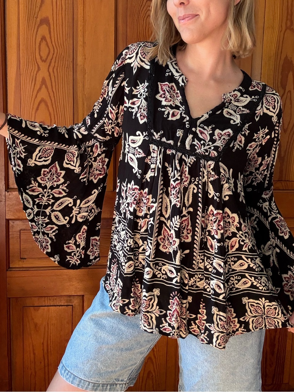 Black Floral Boho Bell Sleeve Blouse